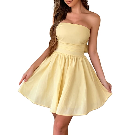 HJYCHN Strapless Wrap Waist Elegant Dress for Women Casual Daily Wear with Matching Shawl Solid Color Fashion Outfit Yellow M