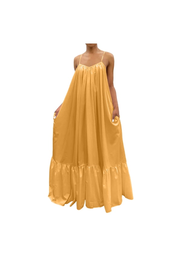 Strappy Pocket Swing Dress for Women Loose Fit Solid Color Fashion Backless Maxi Outfit Gold XXXXL