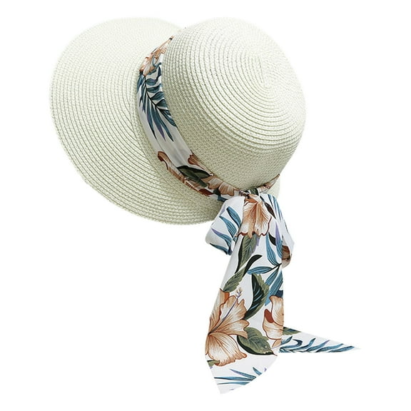 HJYCHN Straw Sun Hat For Women Foldable Wide Brim Floppy Beach Hat With Bow UPF 50  Lightweight Summer Outdoor Travel Holiday Accessory White One Size