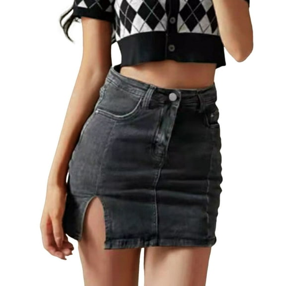 HJYCHN Stretchy Denim Skirt High Waisted Mini Jean Skirt with Side Slit and Functional Pockets for Women Casual Outfit Grey XS