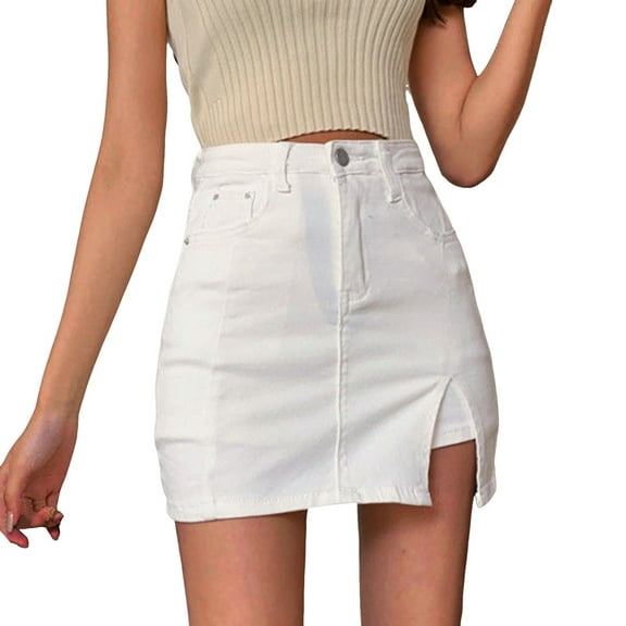 HJYCHN Stretchy Denim Skirt High Waisted Mini Jean Skirt with Side Slit and Functional Pockets for Women Casual Outfit White M