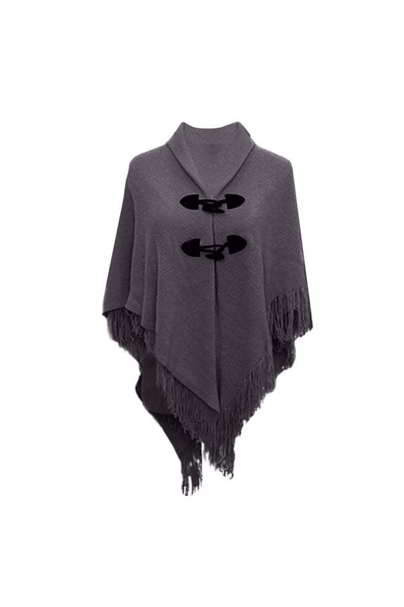 Stylish Horn Buckle Tassel Cape Wrap for Elegant Warmth and Versatile Fashion Outerwear Grey One Size