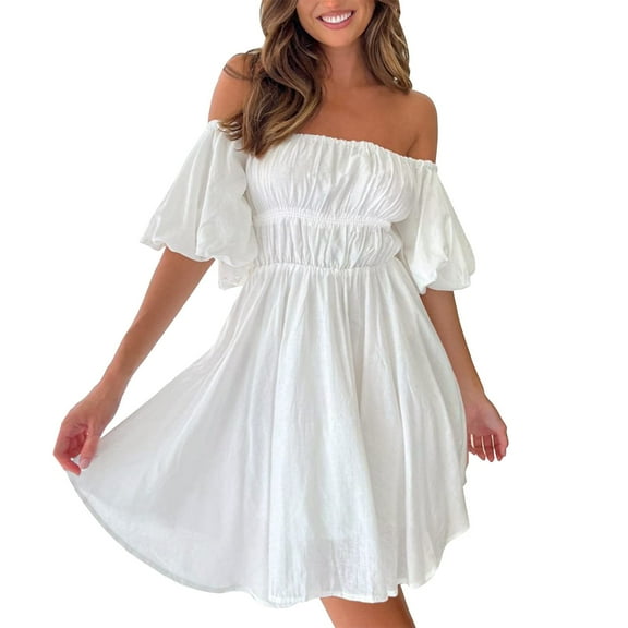 HJYCHN Stylish Off Shoulder Summer Mini Dress with Elegant Puff Sleeves and Flowy Ruffled A-Line Swing Design for Casual Beach Wear White L