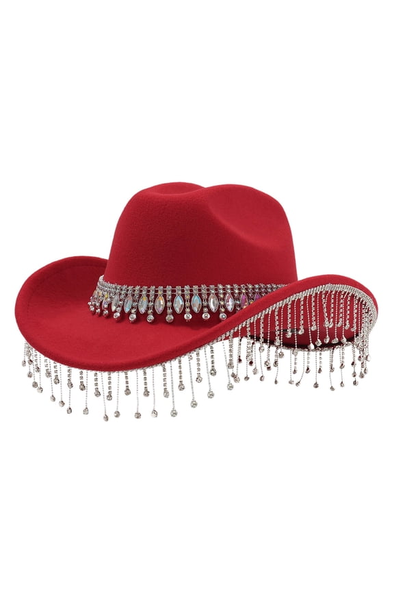 Stylish Western Cowboy Hat For Women Men With Large Round Gemstone Rhinestone Fringe Decorations Ideal Party Event Accessory Red One Size