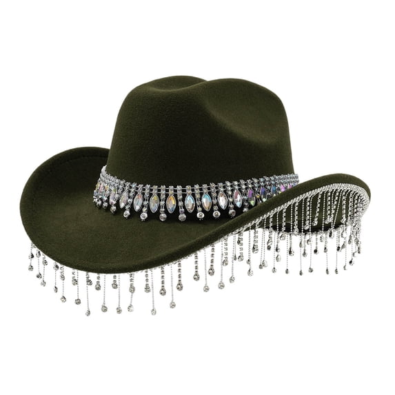 HJYCHN Stylish Western Cowboy Hat For Women Men With Large Round Gemstone Rhinestone Fringe Decorations Ideal Party Event Accessory Army Green One Size