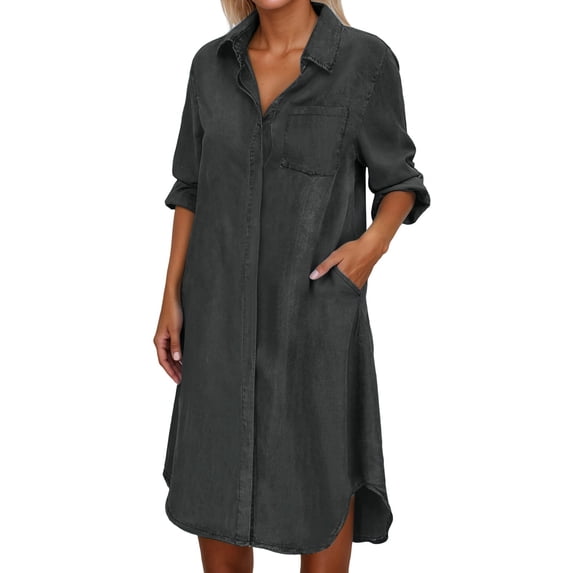 HJYCHN Stylish Women Denim Button Down Shirt Dress with Long Sleeves and Front Pockets for Everyday Wear Black S