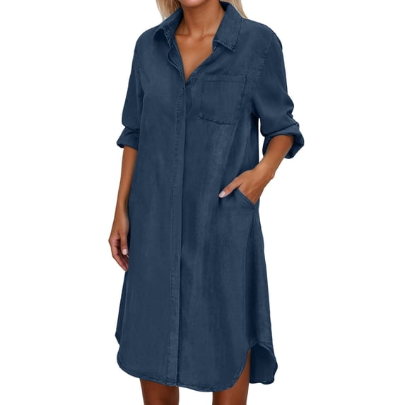 HJYCHN Stylish Women Denim Button Down Shirt Dress with Long Sleeves and Front Pockets for Everyday Wear Navy XXXXXL