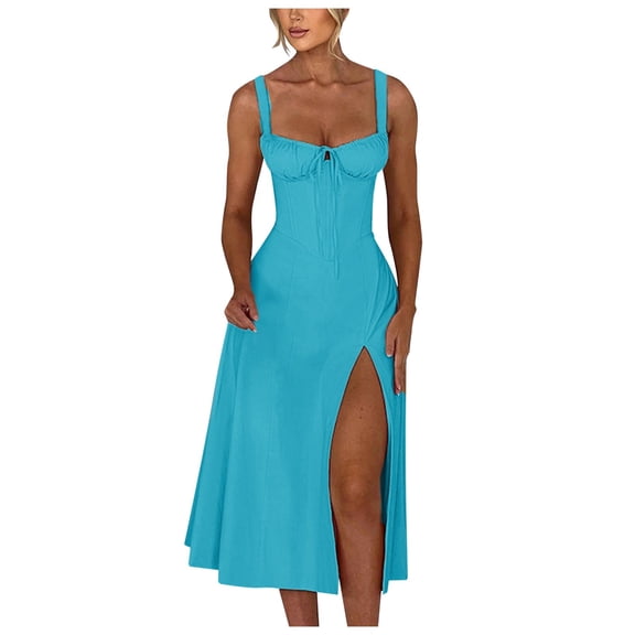 HJYCHN Stylish Women Sleeveless Sling Long Maxi Dress Solid Color A Line Bandage Bodycon Evening Gown Blue XXL