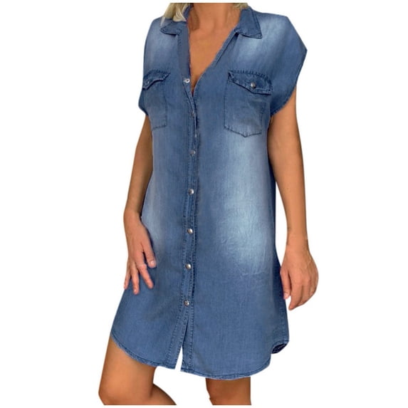 HJYCHN Stylish Women Sleeveless Turndown Collar Casual Party Swing Denim Dress for Everyday Wear Navy L