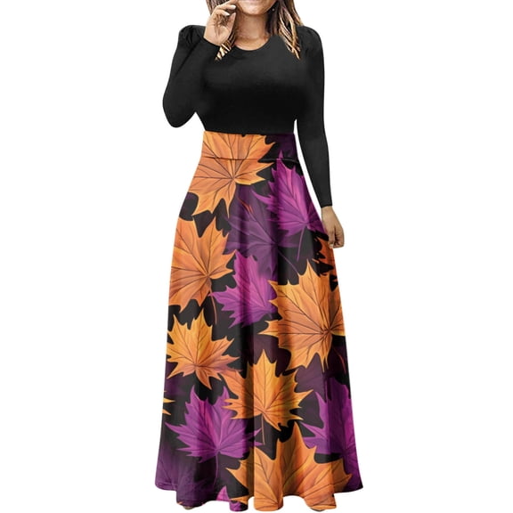 HJYCHN Stylish Women's Casual Long Sleeve Crewneck High Waisted Graphic Print Party Maxi Dress for Everyday Purple L