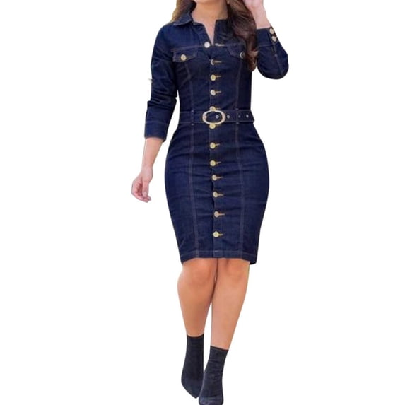 HJYCHN Stylish Women's Denim Dress with Lapel Button Details and Belted Design for Effortless Everyday Blue XXXL