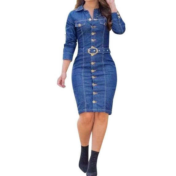 HJYCHN Stylish Women's Denim Dress with Lapel Button Details and Belted Design for Effortless Everyday Light Blue XXL