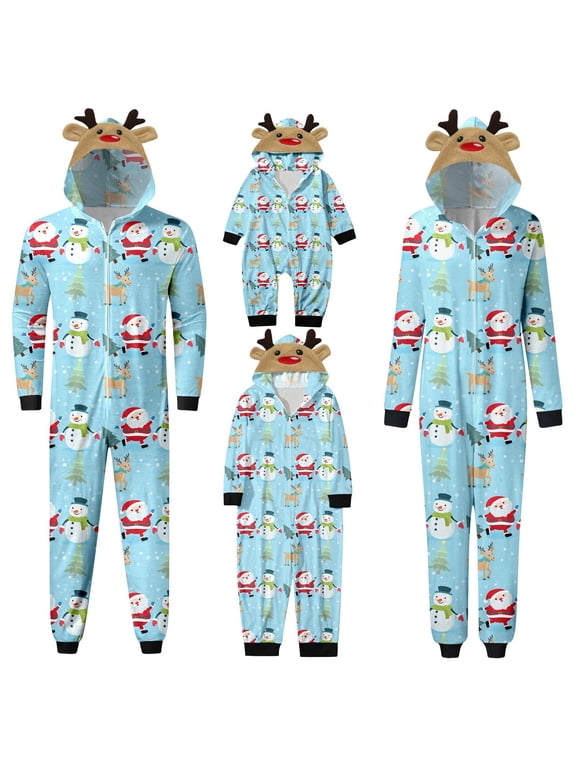 Suits Christmas Family Pajamas Matching Sets Christmas Pajamas for Family Reindeer Hood Santa Snowman Print Front Zip Long Sleeve