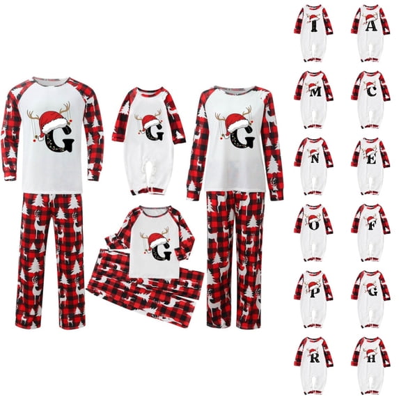 HJYCHN Suits Christmas Pajamas for Family Family Christmas Pajamas Matching Sets Santa Hat Antler Letter Print Round Neck Long Sleeve Full Length