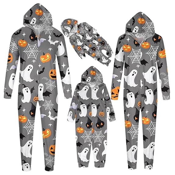 HJYCHN Suits Family Halloween Pajamas Halloween Family Pajamas Ghost Pumpkin Bat Spider Web Print Hooded Zip Front Long Sleeve Full Length