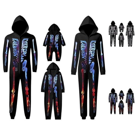 HJYCHN Suits Family Halloween Pajamas Halloween Family Pajamas Skeleton Print Hooded Zip Front Long Sleeve Full Length Homewear