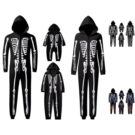 HJYCHN Suits Family Halloween Pajamas Halloween Family Pajamas Skeleton Print Hooded Zip Front Long Sleeve Full Length Homewear