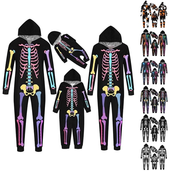 HJYCHN Suits Halloween Family Pajamas Family Pajamas Matching Sets Skeleton Print Hooded Zip Front Long Sleeve Full Length Homewear