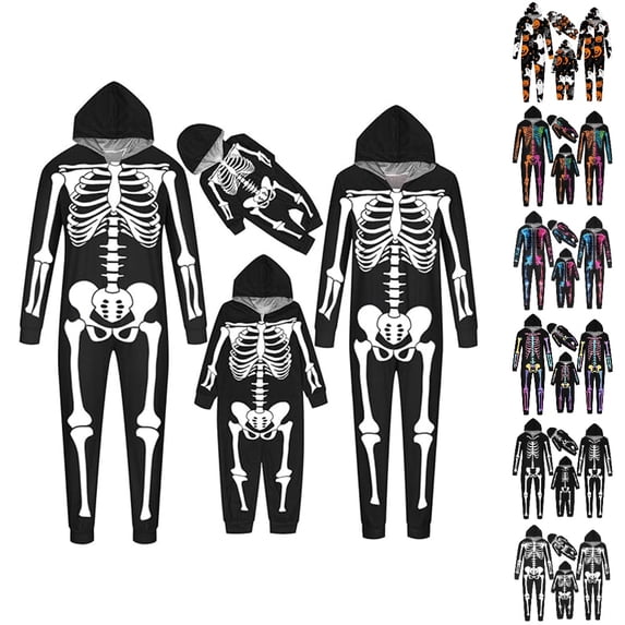 HJYCHN Suits Halloween Family Pajamas Family Pajamas Matching Sets Skeleton Print Hooded Zip Front Long Sleeve Full Length Homewear