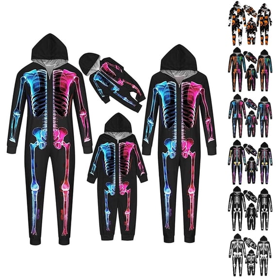 HJYCHN Suits Halloween Family Pajamas Family Pajamas Matching Sets Skeleton Print Hooded Zip Front Long Sleeve Full Length Homewear