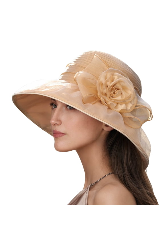 Summer Women's Floral Beret Elegant Outdoor Sun Hat with Brim Khaki M