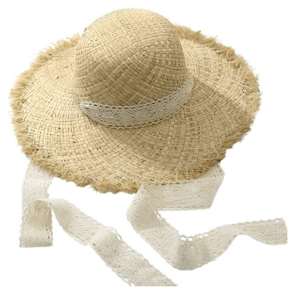 HJYCHN Summer Women's Wide Brim Raffia Sun Hat Adjustable Chin Strap For Beach Sun Beige One Size