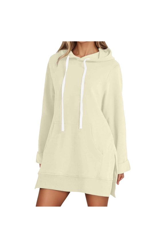 Sweatshirt for Women Casual Hooded with Pocket Rope Drawstring Lined Side Slit Fall Winter Style Top Tops for Women Beige XXL
