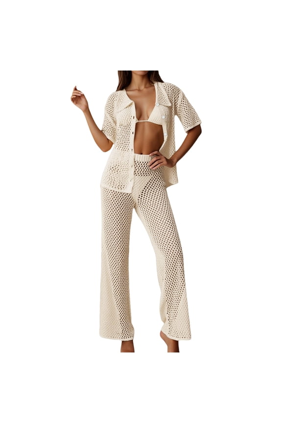 Swimsuit Cover Ups for Women Two Piece Crochet Set Hollow Out Button Up Top with Wide Leg Pants Beach Outfit Swim Cover Ups for Women Beige S