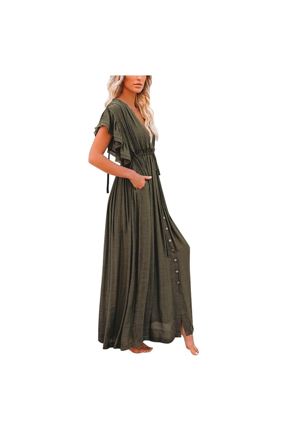 Swimsuit Coverup Women's Button Detail Waist Tie Long Dress Cardigan Beach Jacket Sun Protection Bikini Cover Up Womens Bathing Suit Coverups Army Green One Size