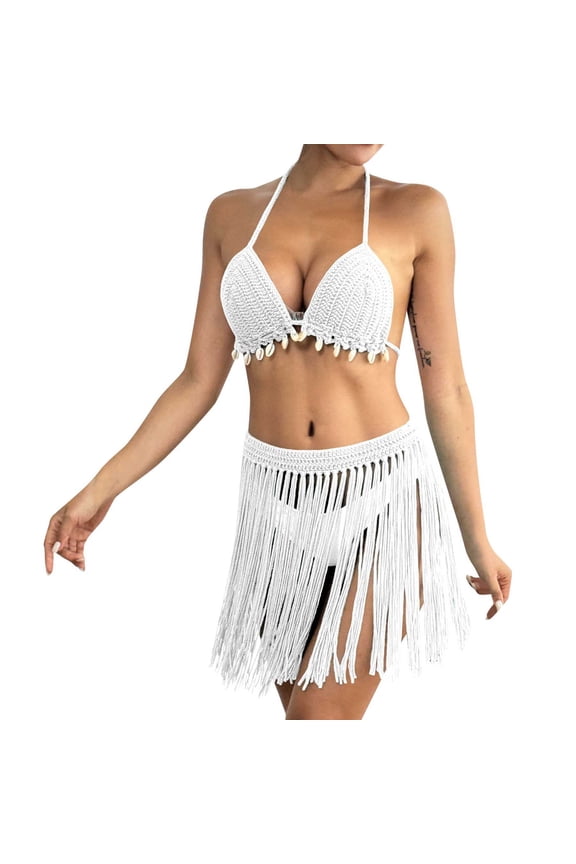 Swimsuits for Women Crochet Two Piece Set Bikini Top with Patchwork Fringe and Skirt Womens Bikini Swimsuits White One Size
