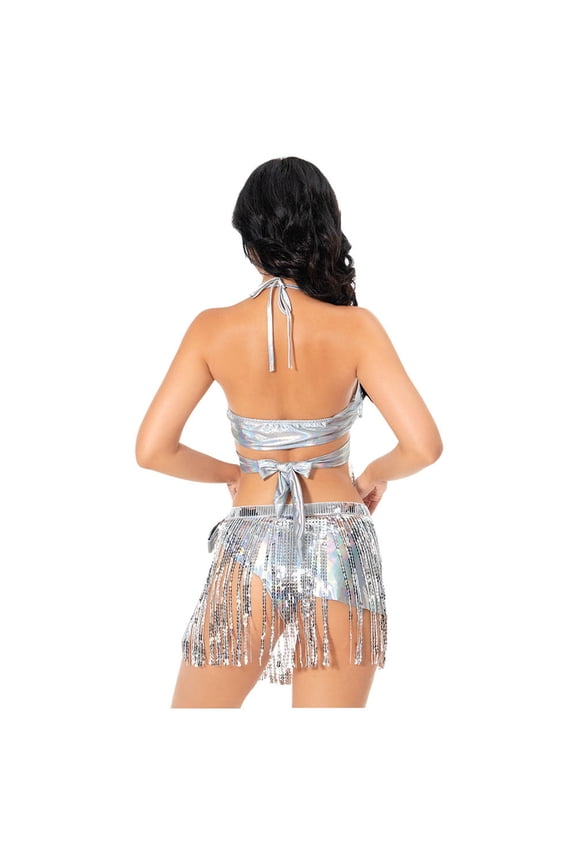 Swimsuits for Women Stage Fringe Dance Bikini Set Glitter Fringe Swimsuit Bikini Sets for Women Silver L