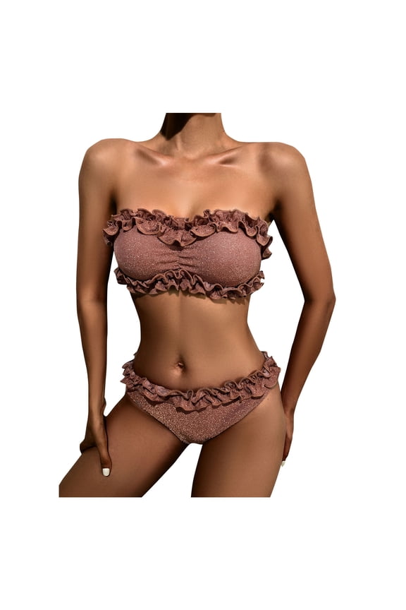 Swimwear for Women Sequins Push Up Bikini Set with Lace and Pleated Detail Bandage Style Brazilian Bikini Sets for Women Brown M