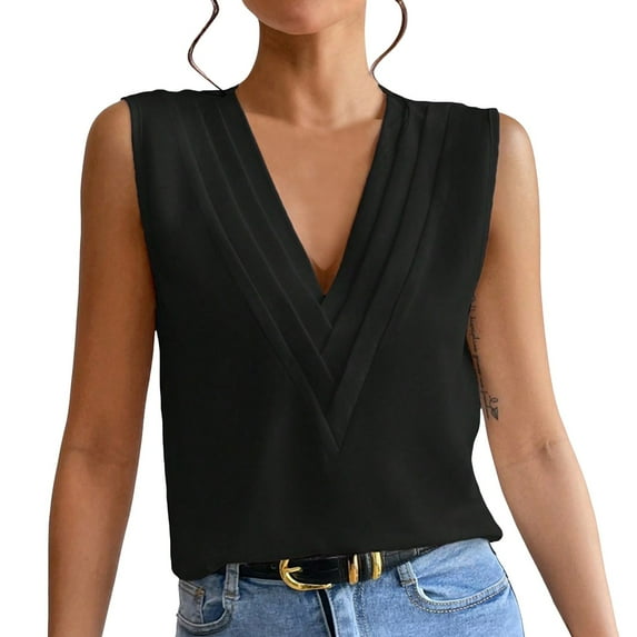 HJYCHN Tank Tops for Women Summer V Neck Solid Color Tank Top with Layer Detail for a Fashionable Layered Womens Tops Black L