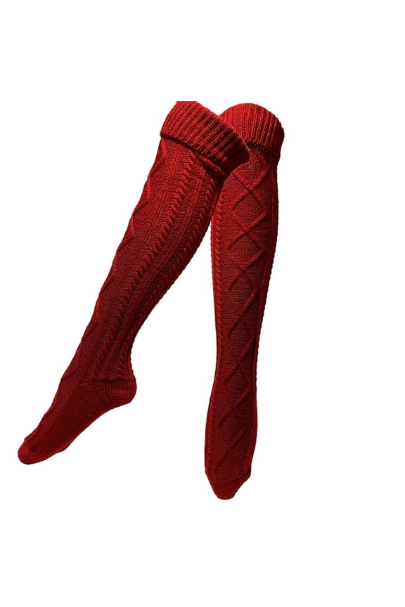Thigh High Socks Women's Winter Warmers High Boot Knit Long Leg Knee Stocking Socks with Block Pattern Womens Socks Red One Size