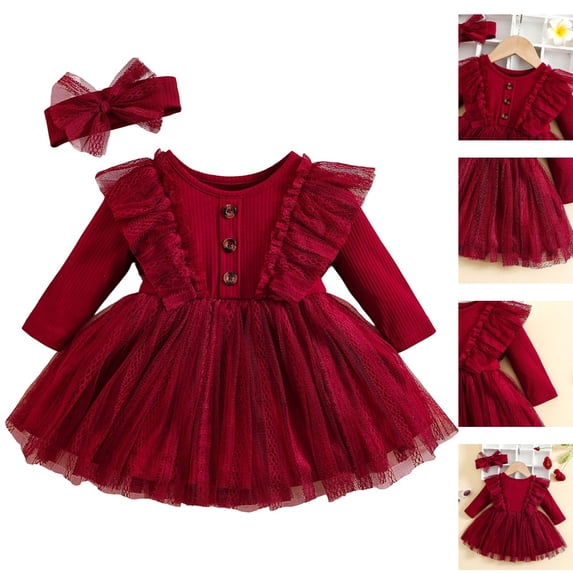 HJYCHN Toddler Dress Long Sleeve Lace Ruffled Mesh Party Gown with Bow Headband for Girls Dress 12-18 Months