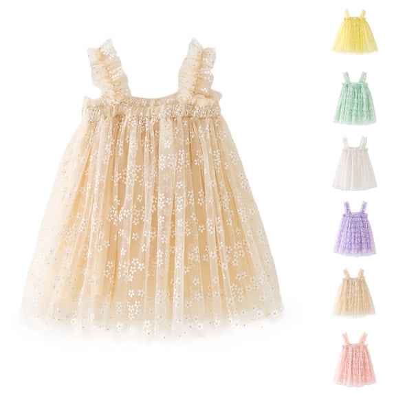 HJYCHN Toddler Dress Sleeveless Daisy Print Mesh Party Gown with Ruffled Straps for Carnival Girls Dress 2-3 Years