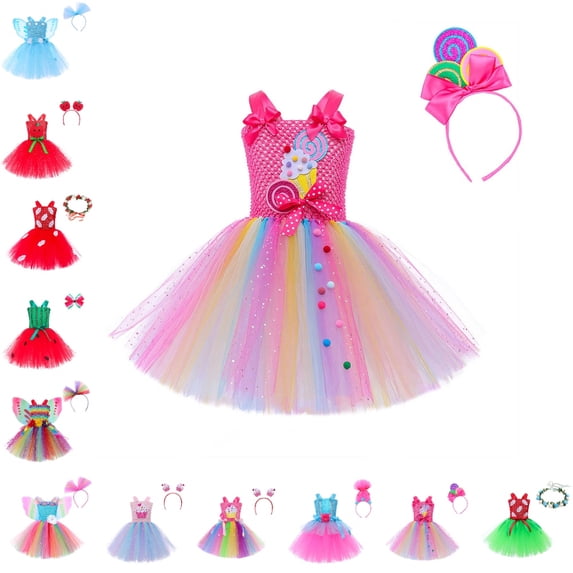 HJYCHN Toddler Dress Spaghetti Strap Candy Ice Tutu Dress with Puffy Skirt and Pom Poms for Carnival Girls Dress 8-9 Years