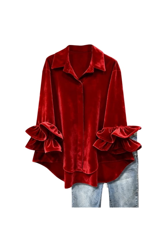 Tops for Women Stylish Printed Pattern Long Sleeve Blouse Versatile Turn Collar Casual Daily Shirt Fashion Shirts Red S