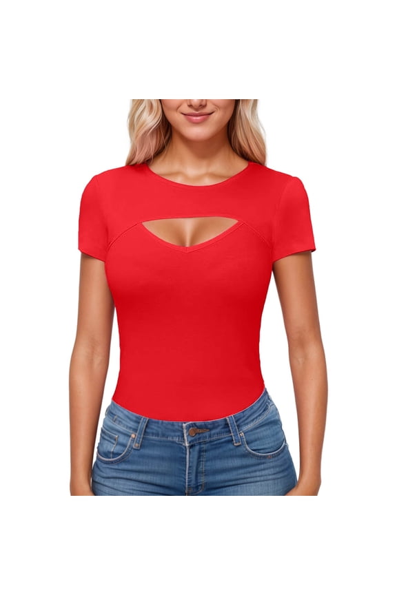 Tops for Women Summer Hollow Out Ribbed Knit Tee Casual Round Neck Short Sleeve Top for a Stylish Tops for Women 2026 RD1 S