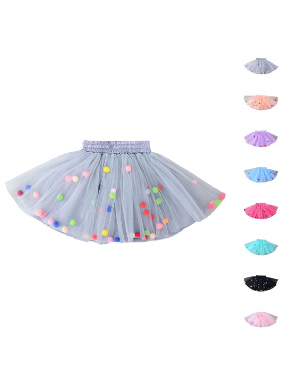 Tutu Skirt Girls Colorful Pom Pom Mesh Tutu Skirt for Carnival Baby Party Back to School Supplies for Girls 7-8 Years
