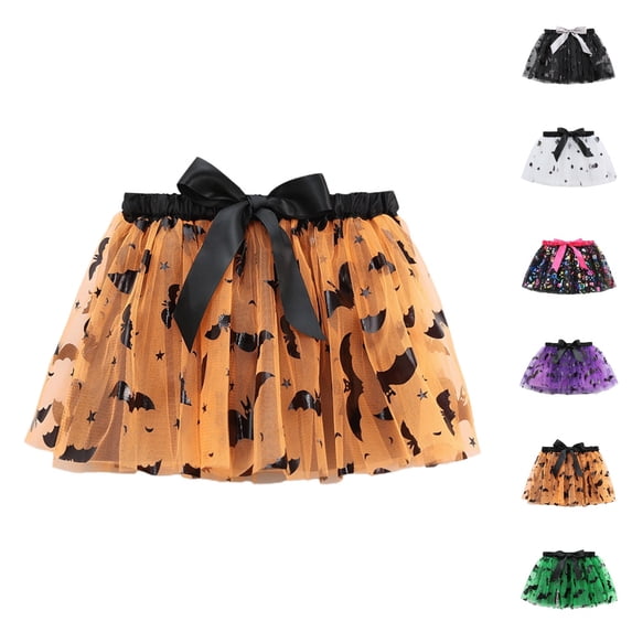 HJYCHN Tutu Skirt Girls Halloween Bat Print Mesh Tutu Skirt with Satin Bow for Carnival Party Back to School Clothes for Girls 5-8 Years