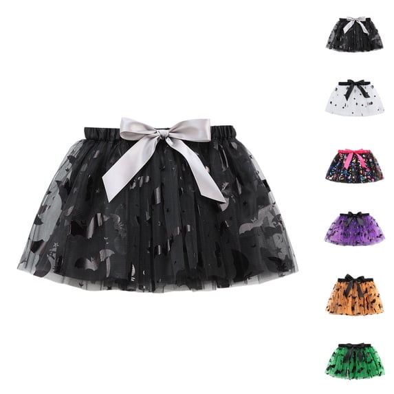 HJYCHN Tutu Skirt Girls Halloween Bat Print Mesh Tutu Skirt with Satin Bow for Carnival Party Back to School Clothes for Girls 5-8 Years