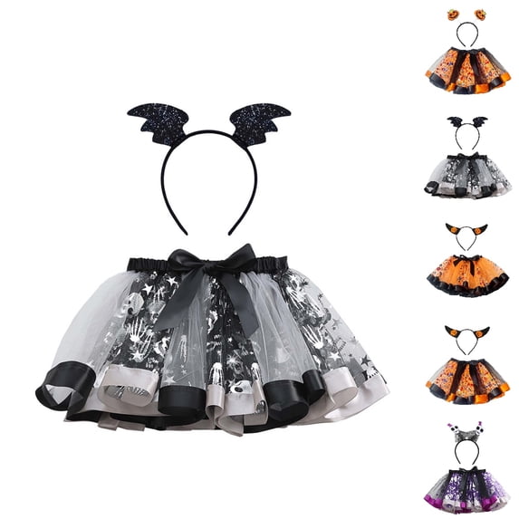 HJYCHN Tutu Skirt Girls Halloween Mesh Tutu Skirt with Bow Headband Set for Party Back to School Clothes for Girls 2-3 Years