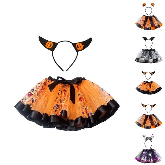 HJYCHN Tutu Skirt Girls Halloween Mesh Tutu Skirt with Bow Headband Set for Party Back to School Clothes for Girls 6-7 Years