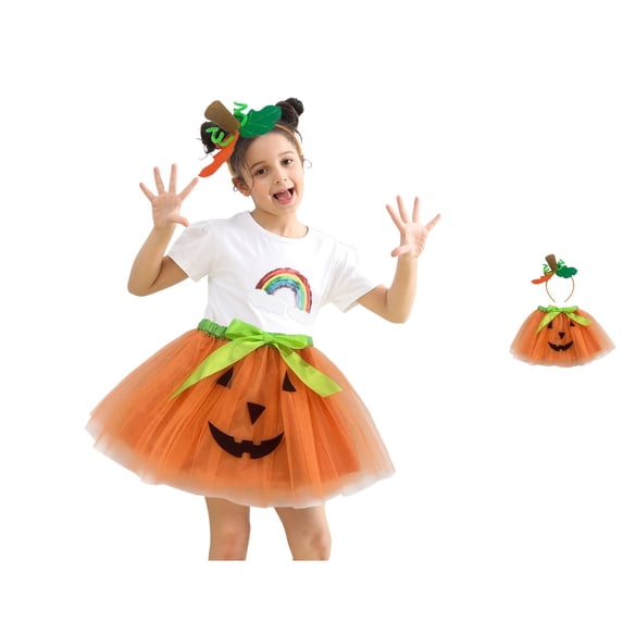HJYCHN Tutu Skirt Girls Halloween Pumpkin Applique Mesh Tutu Skirt with Bow Headband Set for Party Back to School Clothes for Girls 6-7 Years