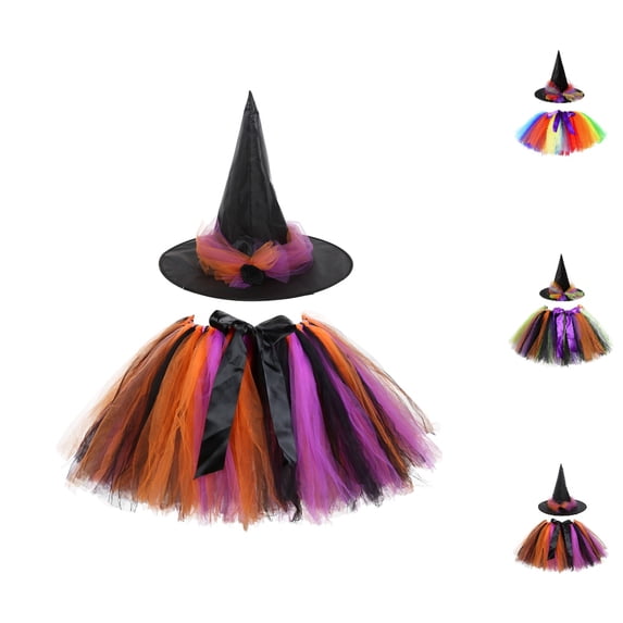 HJYCHN Tutu Skirt Girls Halloween Witch Hat Mesh Tutu Skirt Set for Carnival Party Back to School Clothes for Girls 5-8 Years