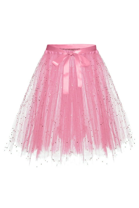Tutu Skirts for Women Fashion Solid Color Handmade Puffy Skirt with Lace up Bow for Performance and Holiday Sequins Skirt Pink One Size