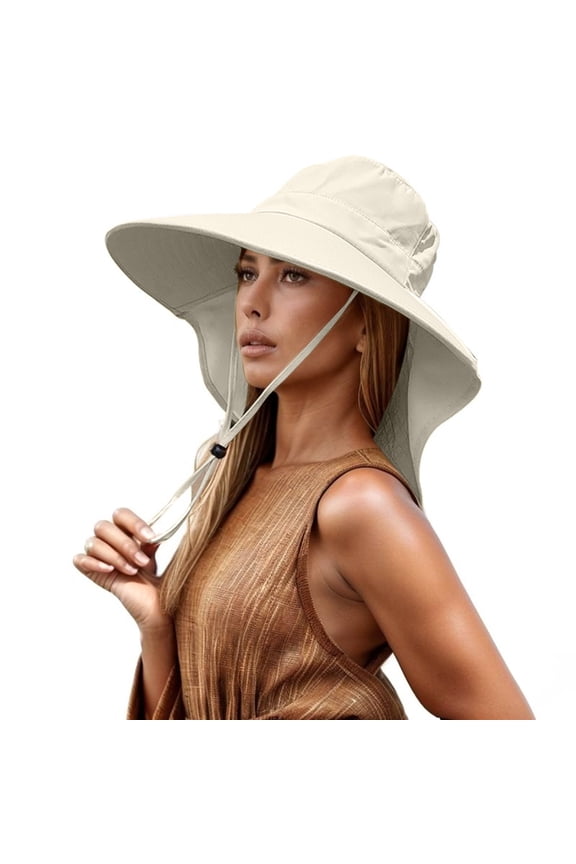UPF 80+ Summer Wide Brim Sun Hat with Cape for Women Outdoor Gardening and Beach Beige One Size