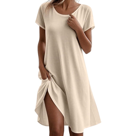 HJYCHN Versatile Flared Casual Dress for Women Everyday Wear Round Neck Comfortable Outfit Ideal Spring Fall Seasons Beige S