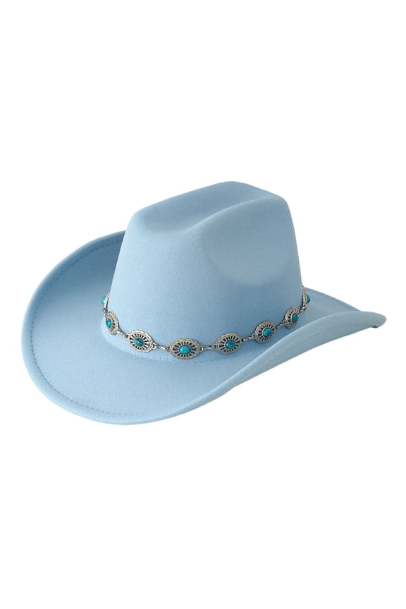 Western Cowboy Hat Turquoise Bohemian Wide Brim Design Party Hat With Chain For Men And Women Fashionable Unisex Accessory Blue One Size